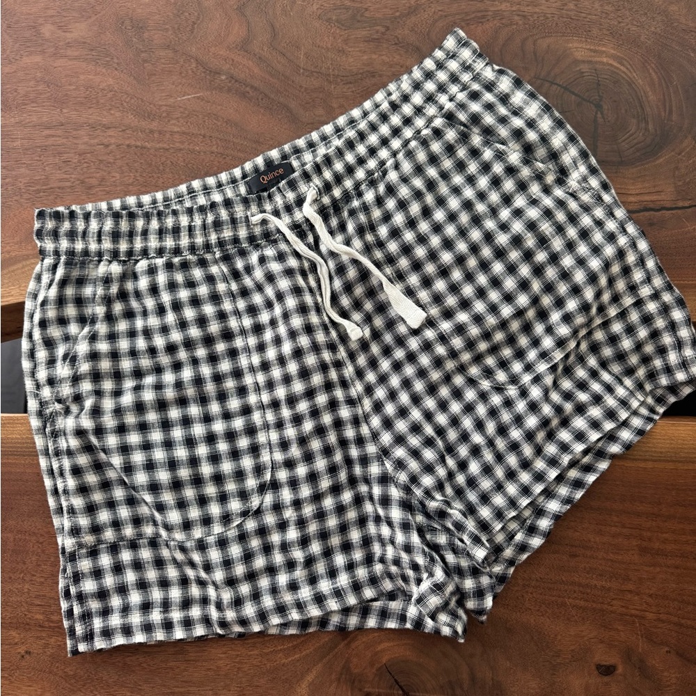 Quince Black & White Gingham 100% linen shorts